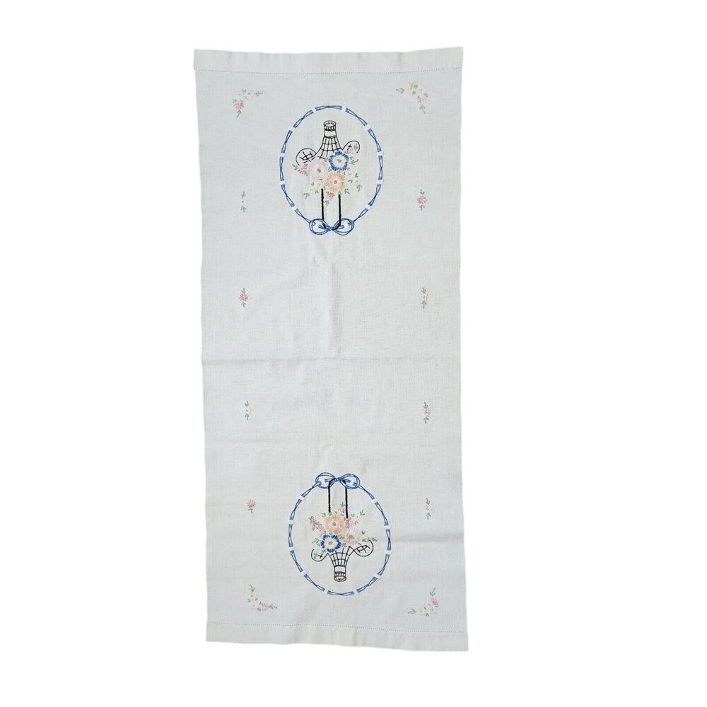 Embroidered Table Runner Dresser Scarf Baskets Flowers 17in x 38in Stains